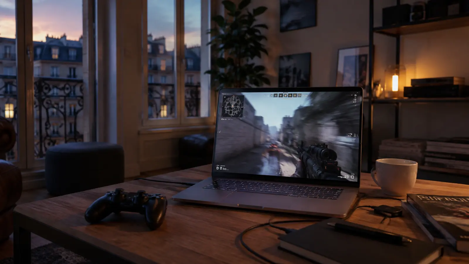 Jeu en ligne sur un ordinateur dans un appartement français
