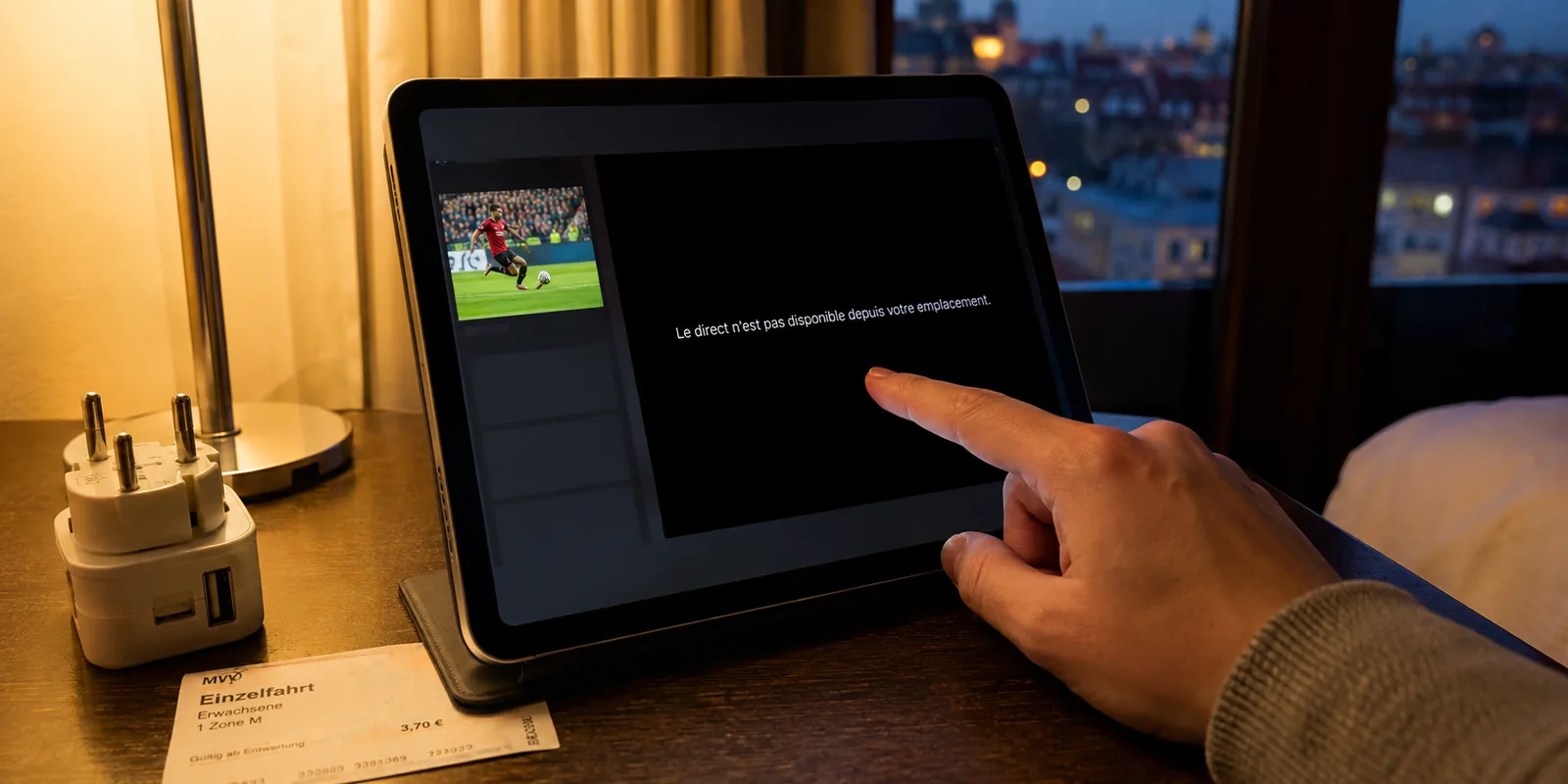 Tablette dans un hôtel de Munich indiquant que le direct est indisponible depuis cet emplacement.