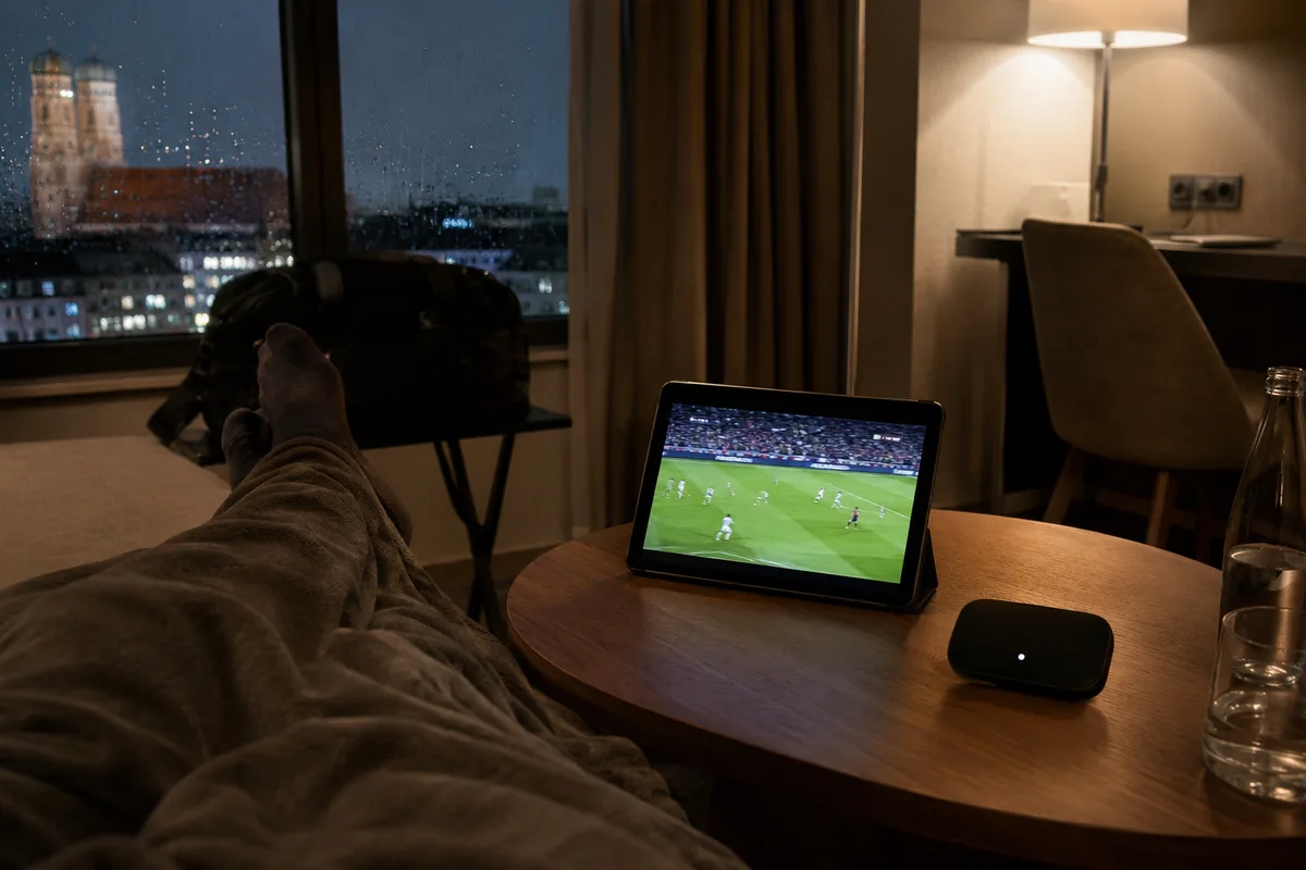Tablette diffusant un match dans une chambre d’hôtel pendant que la connexion mobile prend le relais.