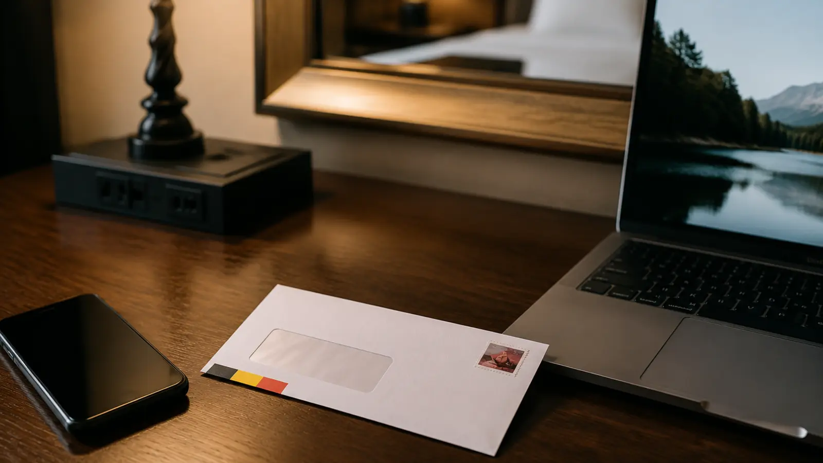 Ordinateur et téléphone près d’un courrier aux couleurs belges dans une chambre de voyage