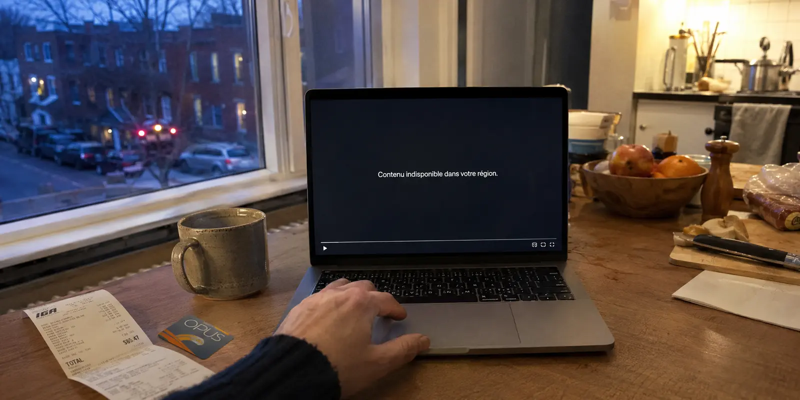 Dans un appartement montréalais, un programme français affiche un message d’indisponibilité régionale sur l’ordinateur