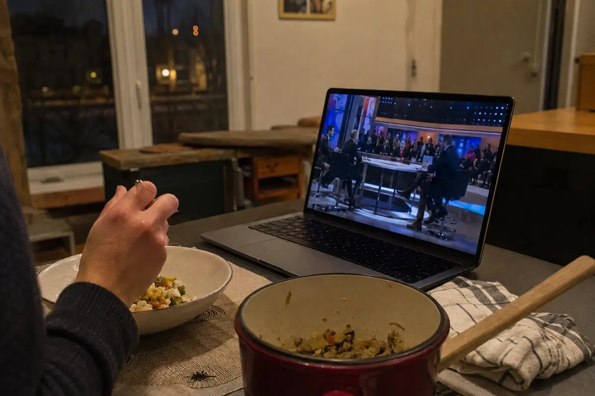 Un programme français joue sur l’ordinateur pendant que le dîner reprend normalement dans l’appartement