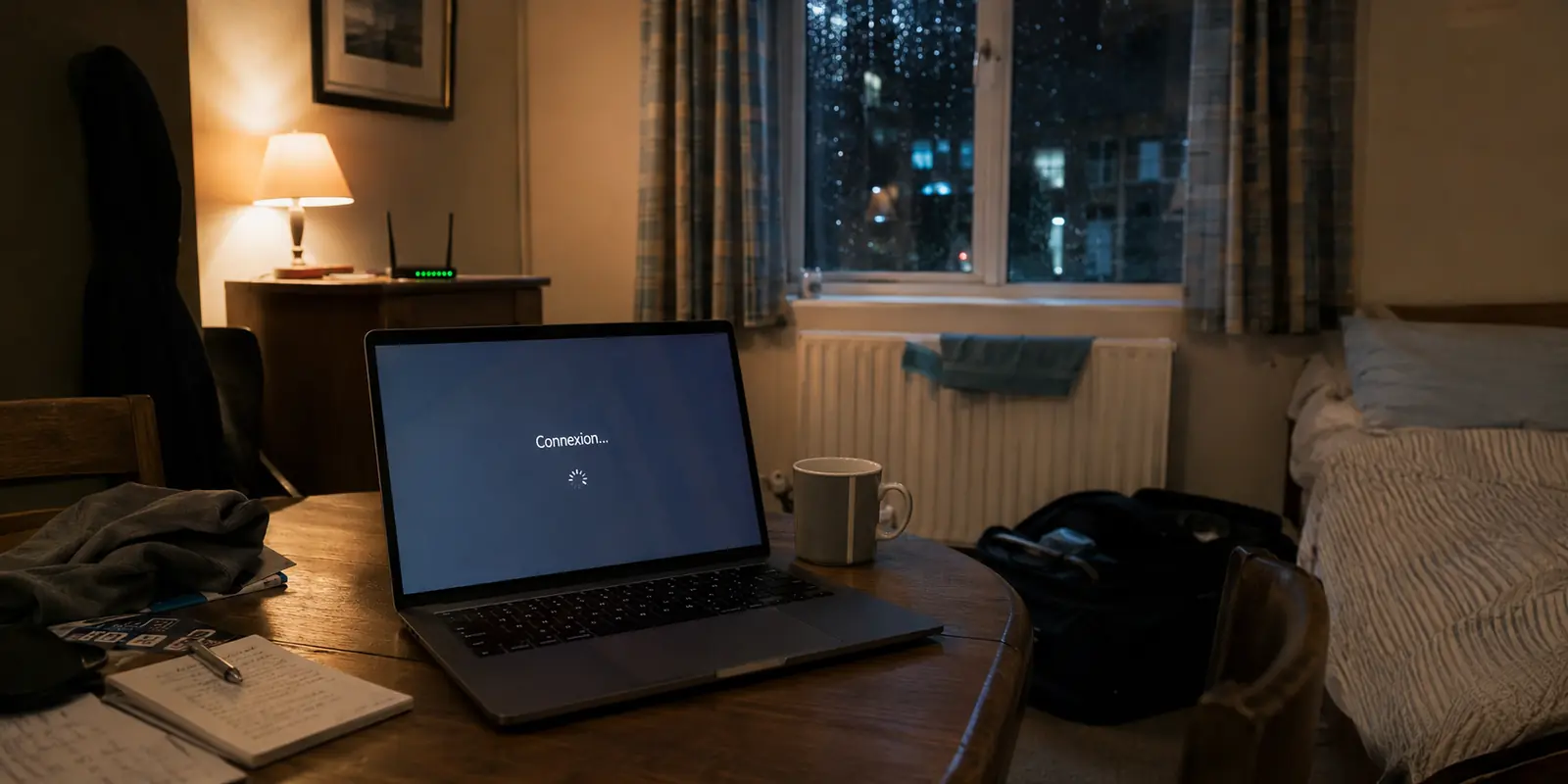 Dans un logement temporaire en Angleterre, un ordinateur reste bloqué sur Connexion malgré un Wi-Fi fonctionnel.