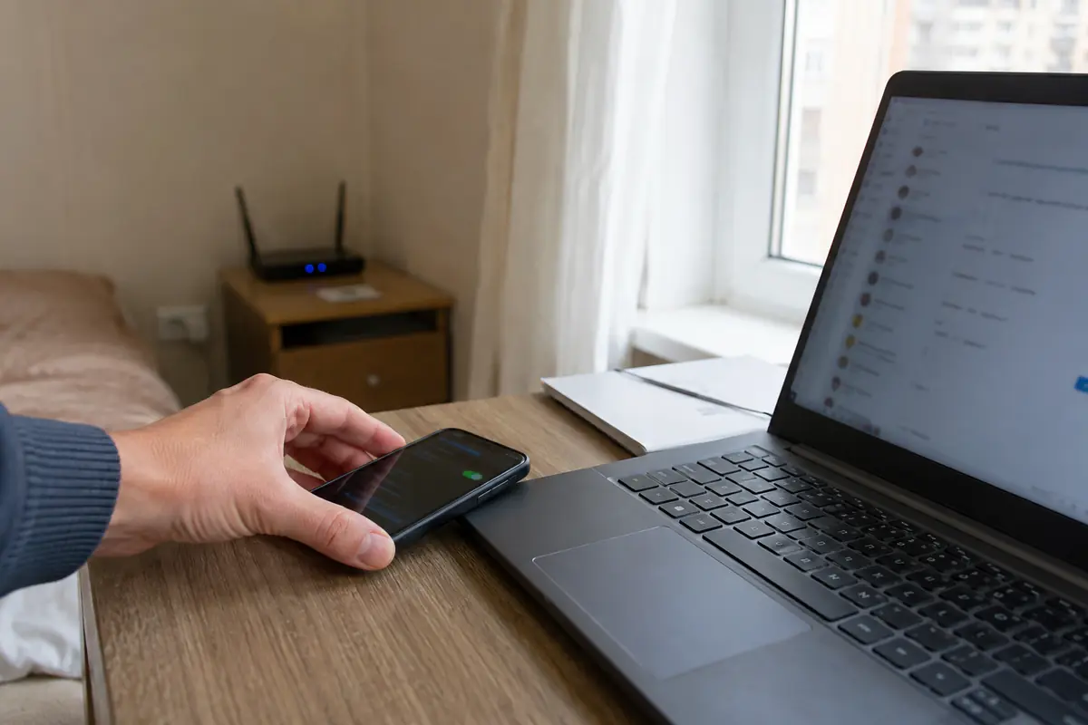 Un ordinateur utilise le partage 5G du téléphone pendant que le routeur du logement reste à l’arrière-plan.