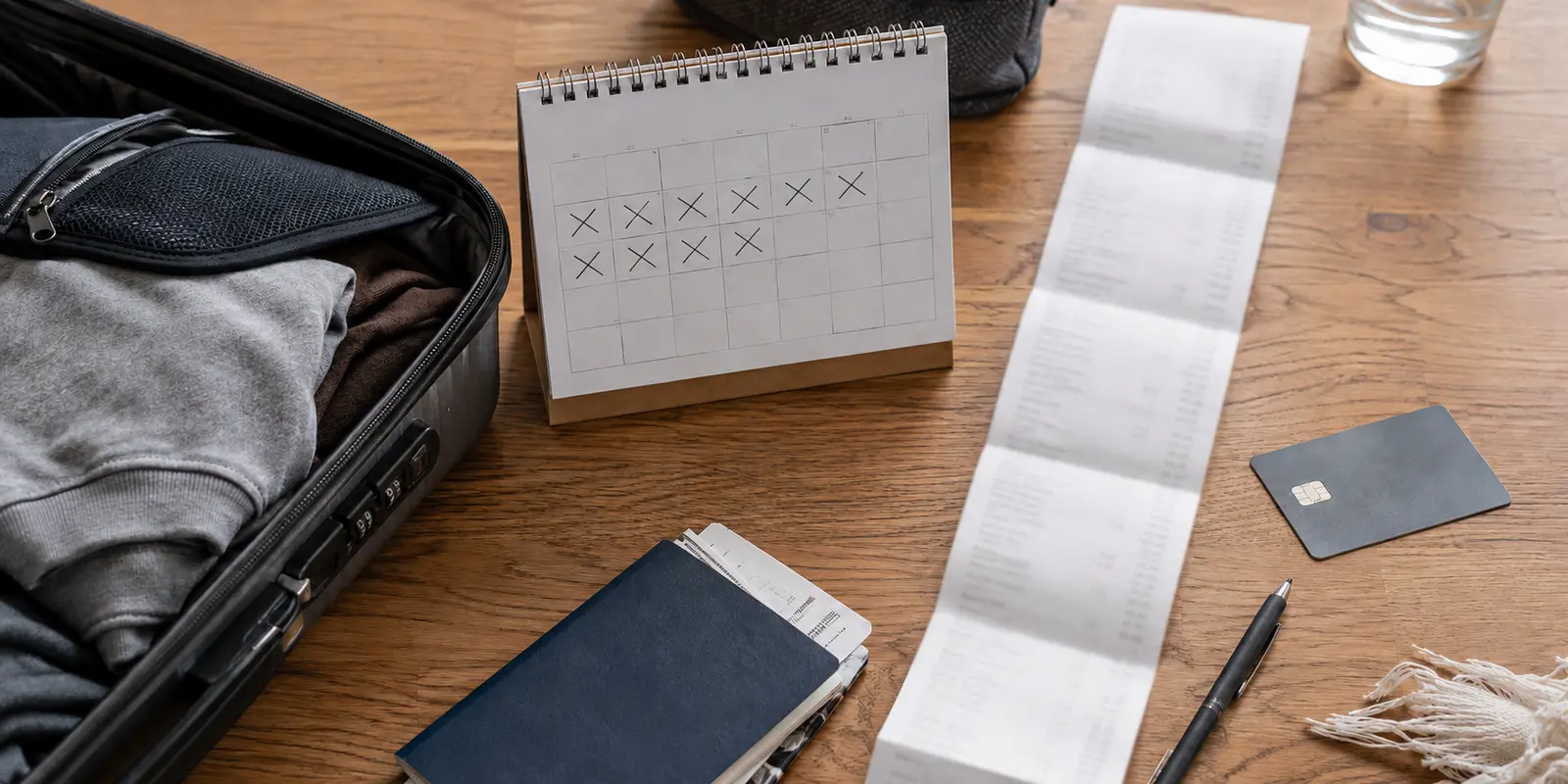 Une valise ouverte, un calendrier de cinq semaines et un long reçu illustrent l'écart entre un court voyage et un engagement prolongé