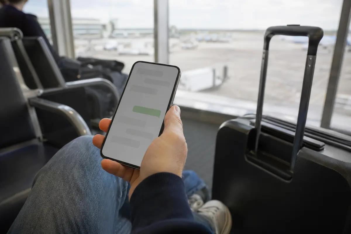 Dans une salle d'embarquement, un voyageur utilise son téléphone à côté de sa valise sans interrompre son trajet
