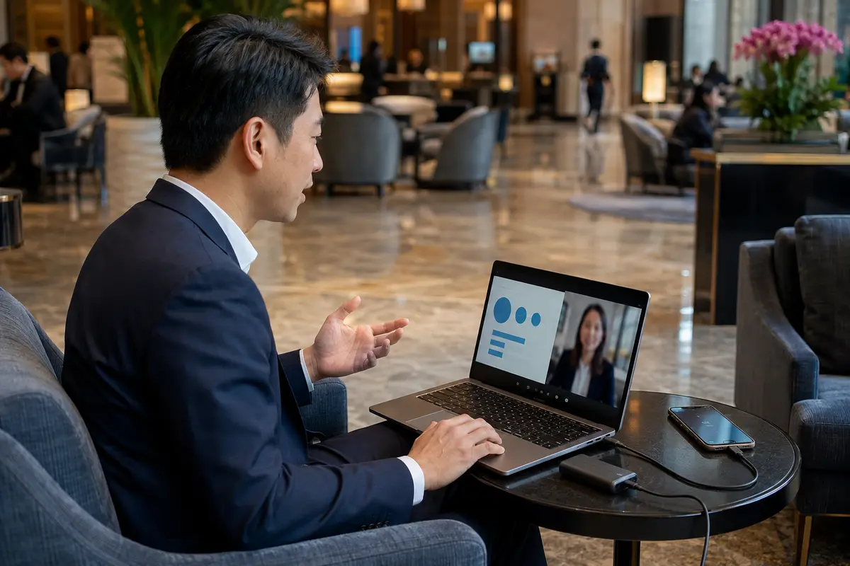 Dans le lounge d’un hôtel à Shanghai, un voyageur poursuit une visioconférence sur son ordinateur avec son téléphone comme relais mobile