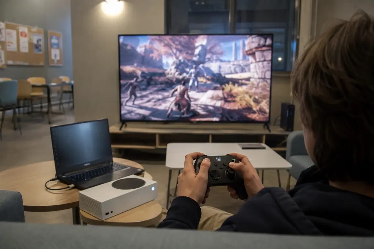 Partie Xbox stable dans une résidence universitaire avec le portable relais visible à côté de la console
