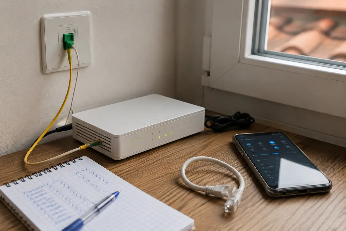 Boîtier fibre, prise optique et téléphone utilisés pour comparer deux accès réseau