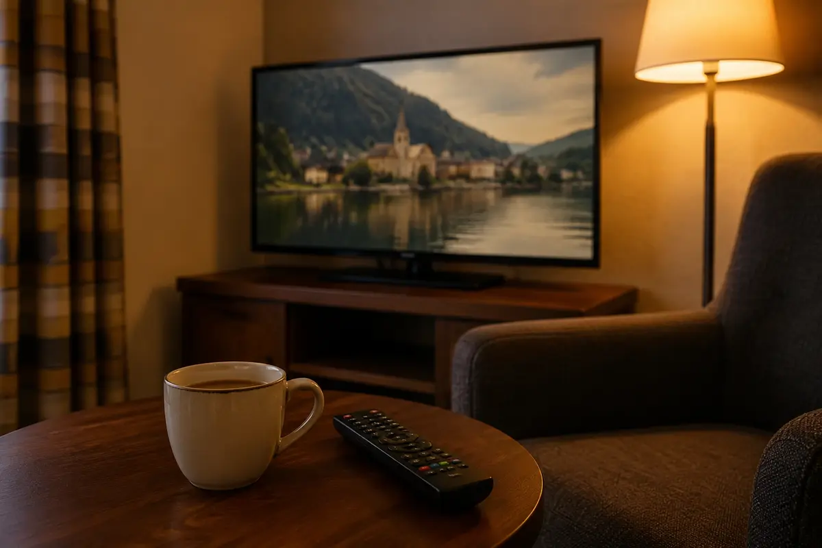 Télévision en lecture dans un salon avec une télécommande et une tasse de café
