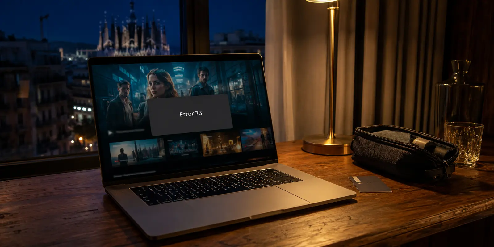 Dans un hôtel à Barcelone, un ordinateur affiche le catalogue de films mais bloque la lecture avec l’erreur 73