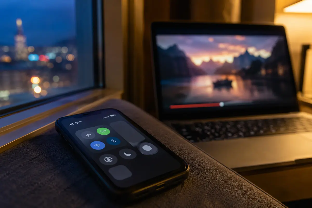 Un téléphone partage sa connexion mobile pendant qu’un film continue sur l’ordinateur en arrière-plan