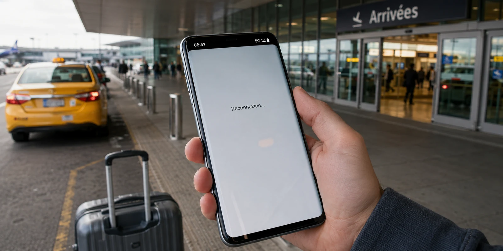 À la sortie de l’aéroport, le téléphone affiche la 5G mais reste bloqué sur la reconnexion