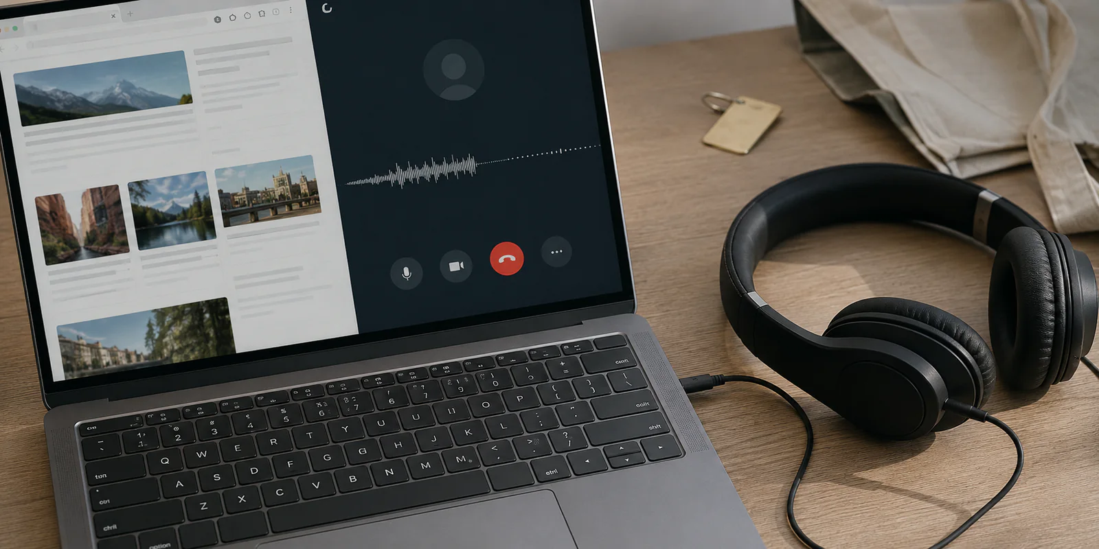 Casque filaire posé à côté d’un ordinateur affichant un appel audio haché et une page web chargée