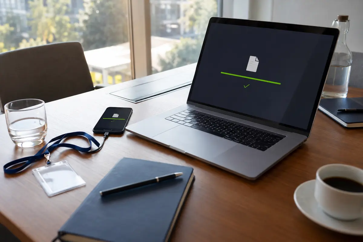 Téléphone en partage de connexion à côté d’un ordinateur affichant un transfert terminé