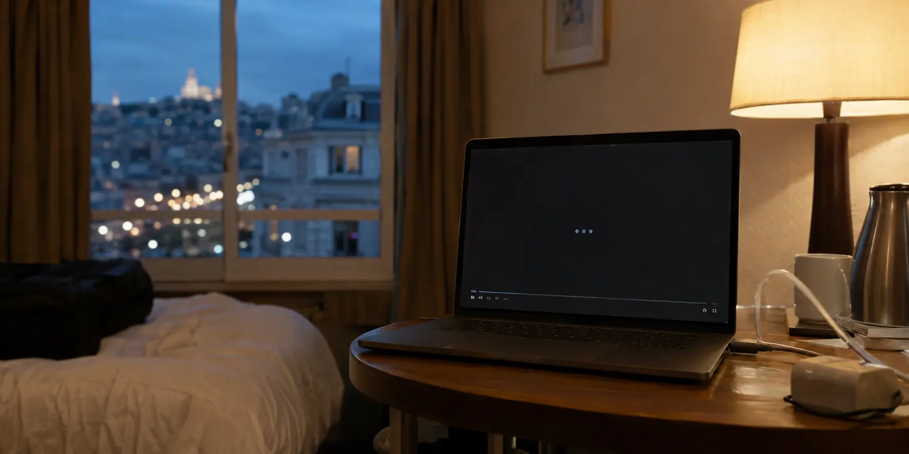 Ordinateur portable bloqué pendant la lecture de TF1+ dans une chambre d'hôtel