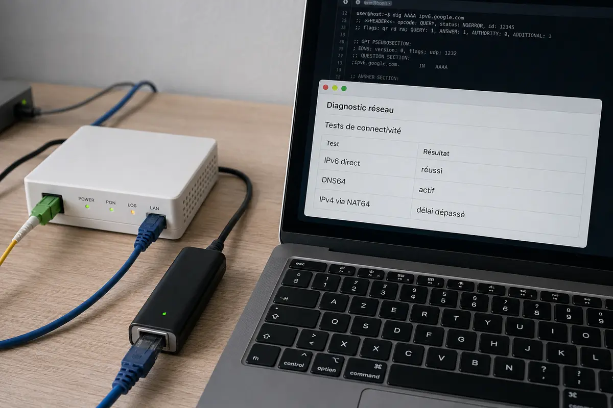 Un diagnostic réseau réussit en IPv6 et avec DNS64 mais expire lors du passage IPv4 par NAT64