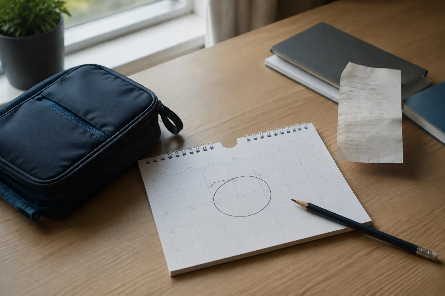 Calendrier mensuel entouré au crayon près d'une trousse de voyage et d'un reçu