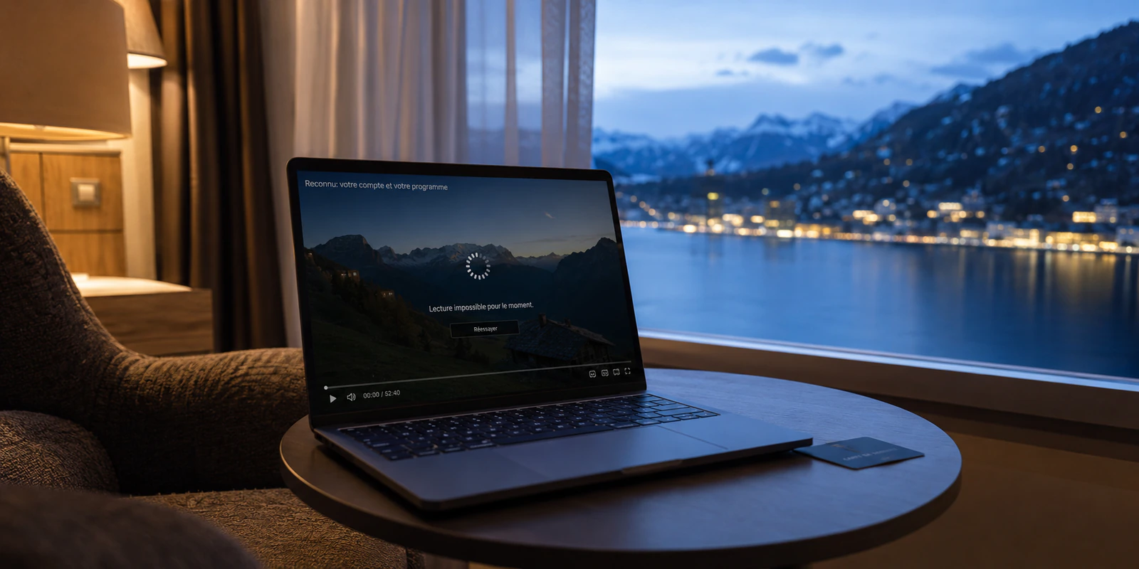 Un ordinateur portable dans un hôtel suisse affiche une lecture vidéo impossible malgré une connexion localisée en Suisse
