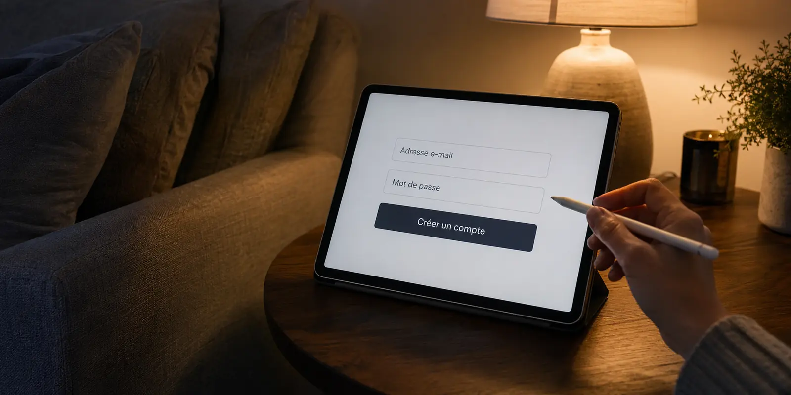 Main arrêtée devant un formulaire français de création de compte affiché sur une tablette près d’un canapé