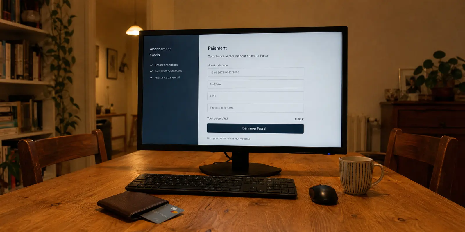 Un écran de paiement pour un abonnement VPN avec une carte bancaire encore rangée dans son portefeuille