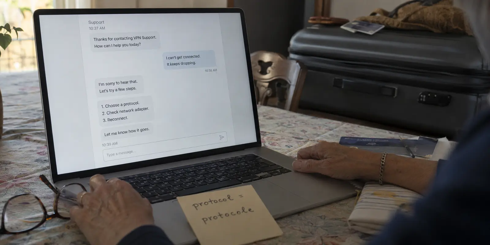 Une voyageuse plus âgée fait face à des instructions techniques en anglais dans le support VPN