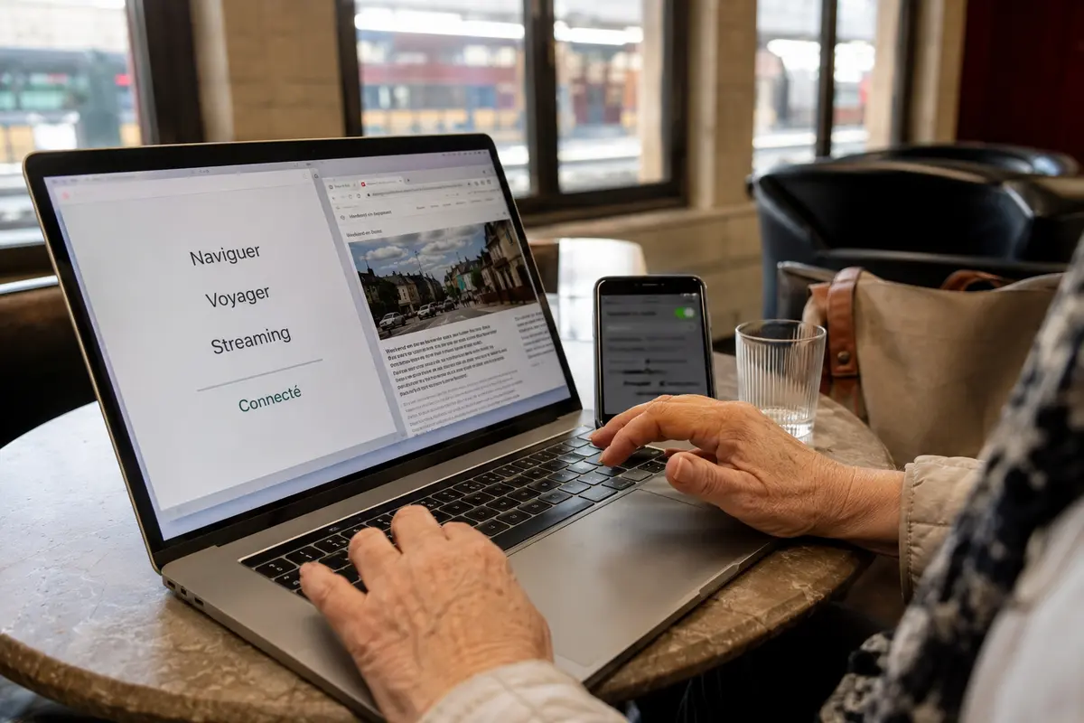 Une voyageuse se reconnecte seule depuis un salon de gare avec une interface simple en français