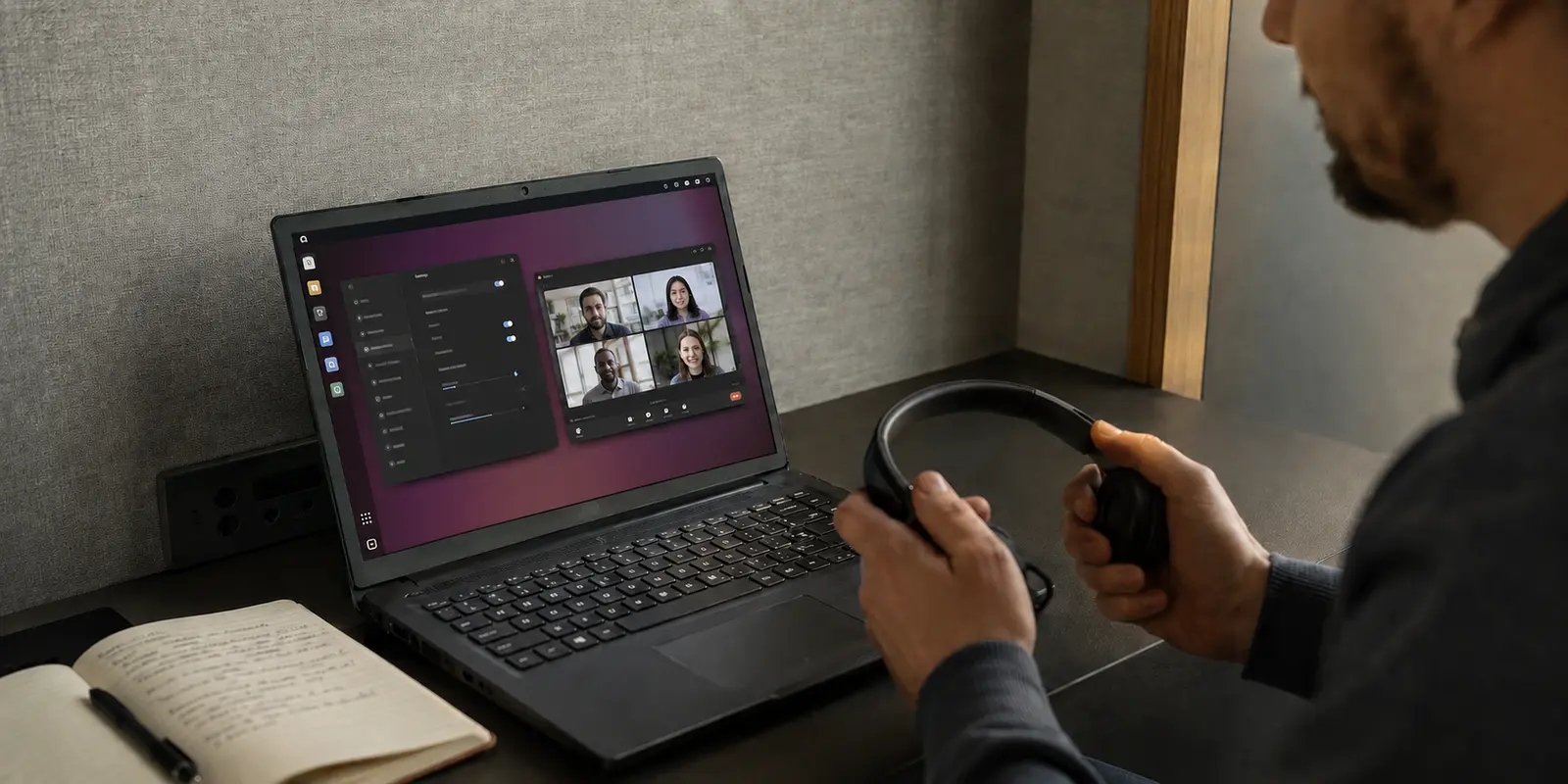 Utilisateur préparant un appel devant un ordinateur portable affichant un bureau Linux et une connexion VPN active.
