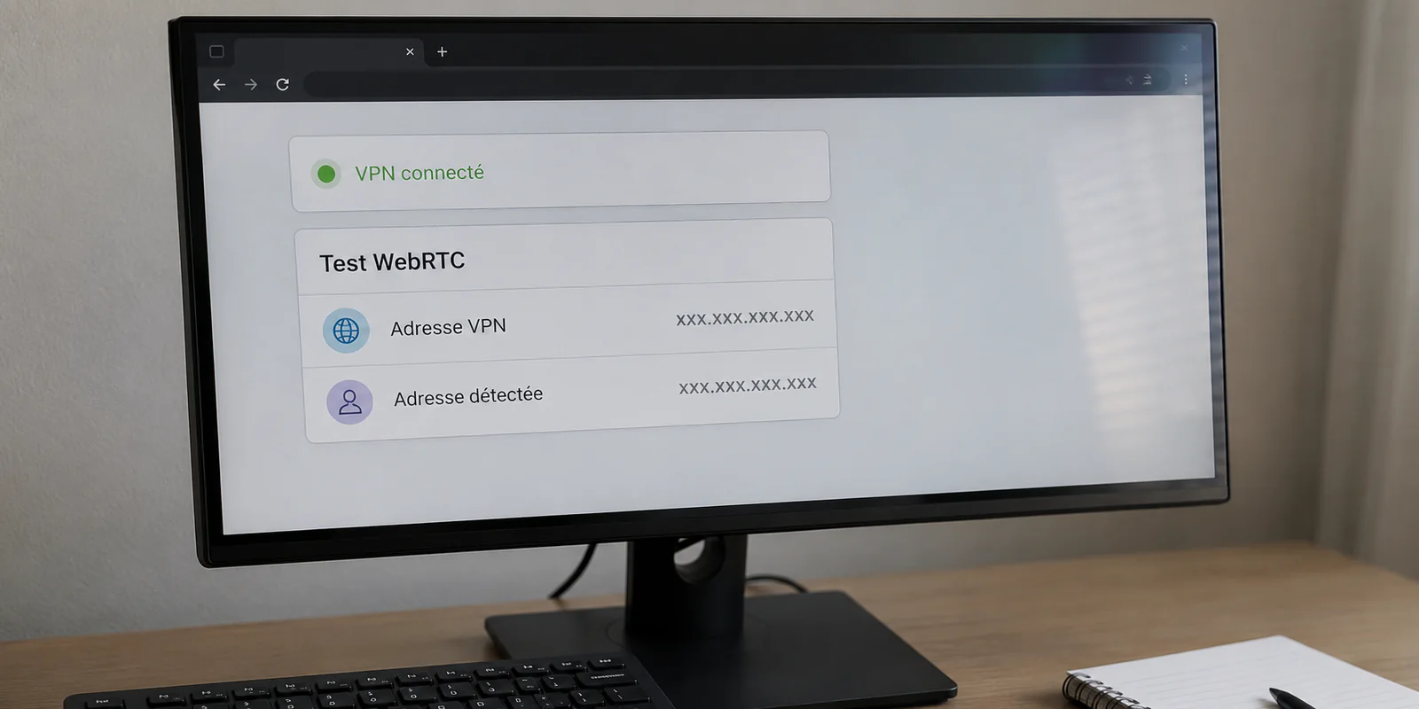 Écran d’ordinateur montrant une extension VPN connectée et un test WebRTC détectant une seconde adresse masquée
