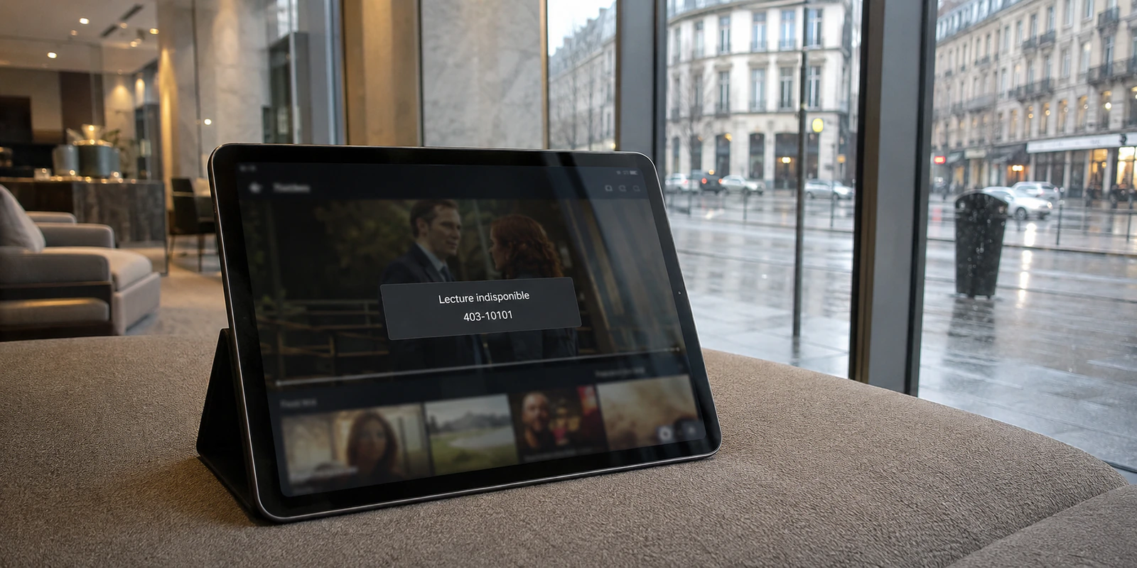 Une tablette dans un hôtel bruxellois affiche une lecture indisponible avec l’erreur 403-10101