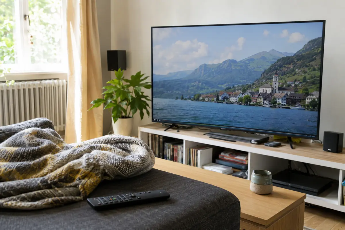 Programme suisse en cours de lecture sur un téléviseur dans un salon éclairé par la lumière du jour