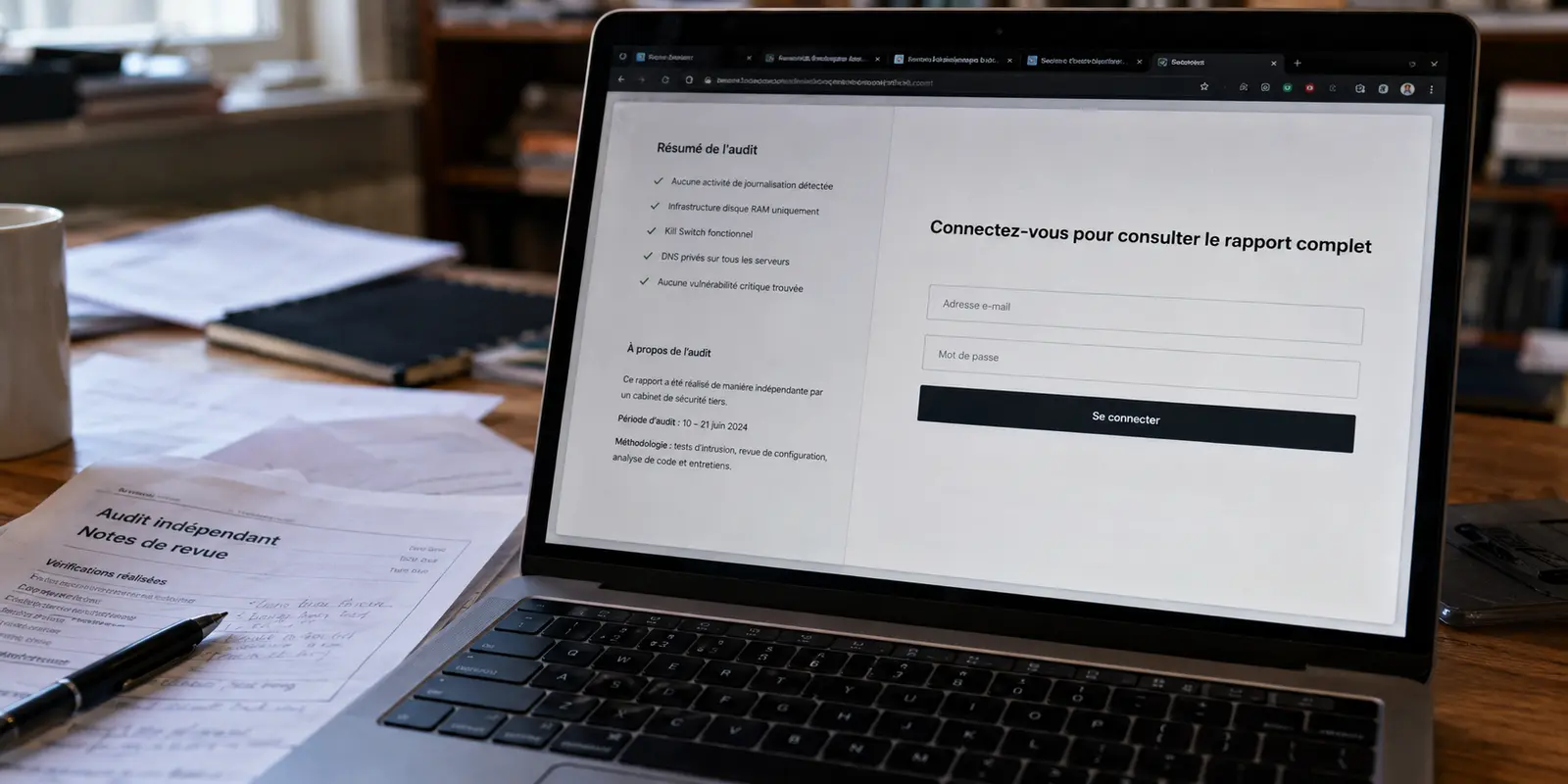 Le résumé d’un audit VPN est visible, mais le rapport complet exige une connexion au compte