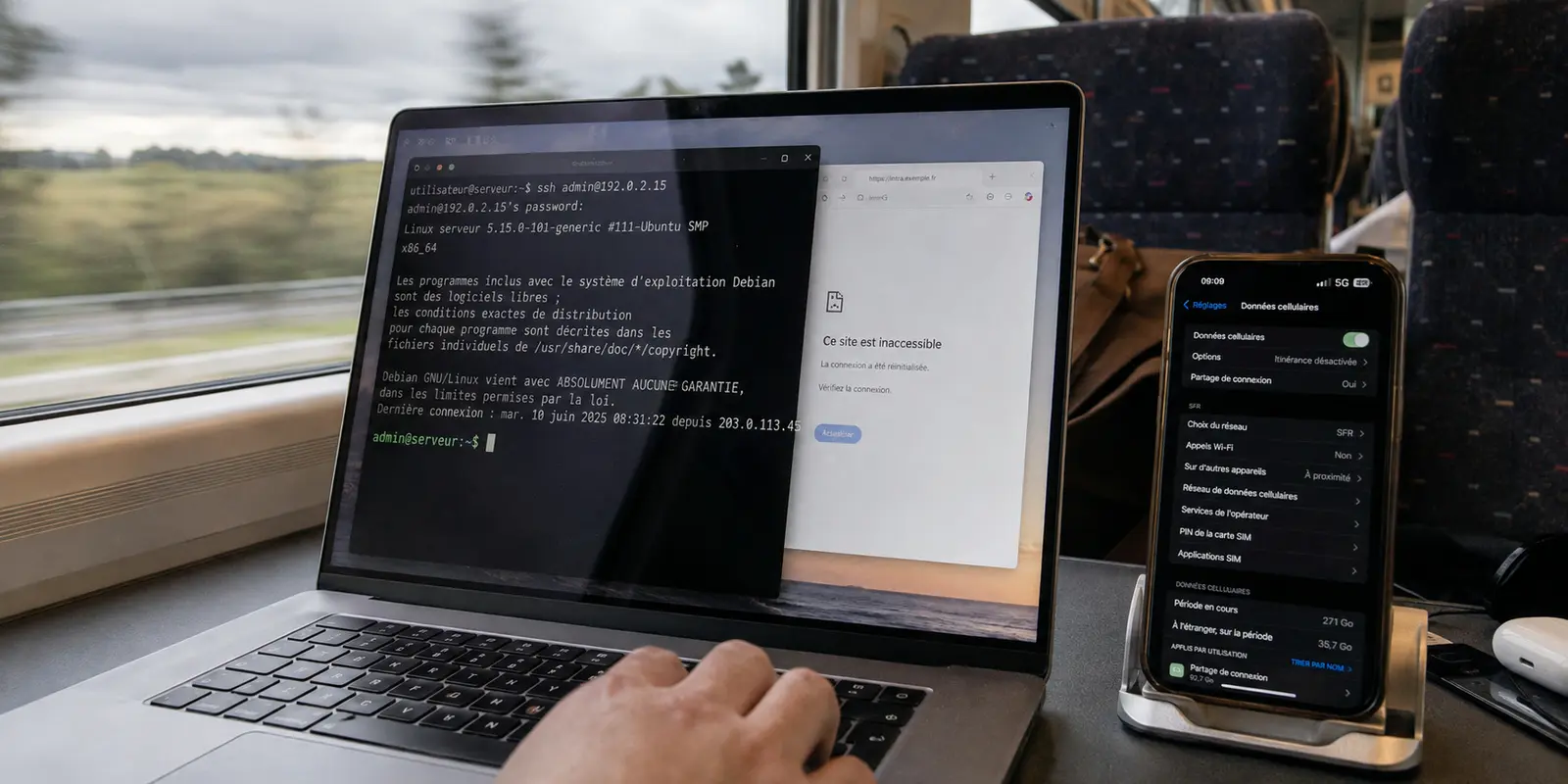 Dans un train, une session distante est figée malgré un téléphone affichant toujours la 5G