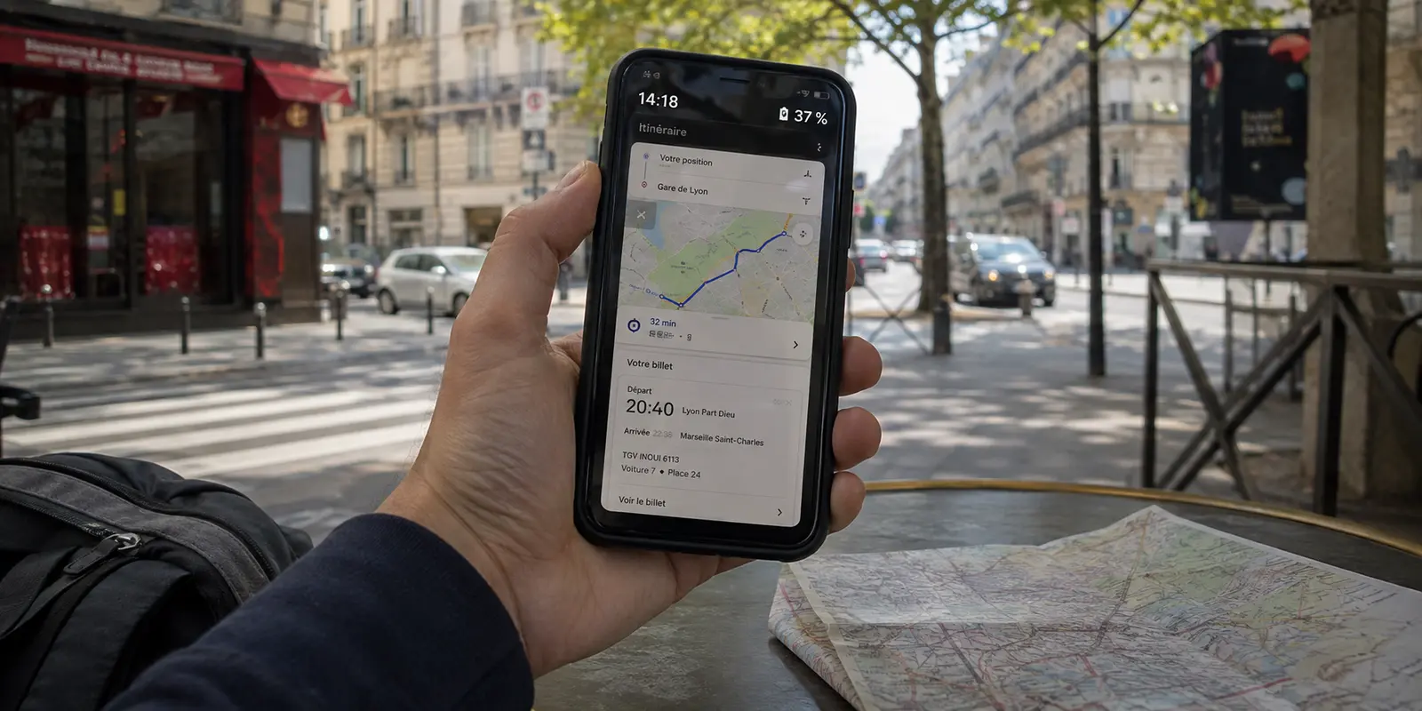 À 14 h 18, un téléphone de voyage n’affiche plus que 37 % de batterie alors que le train part à 20 h 40