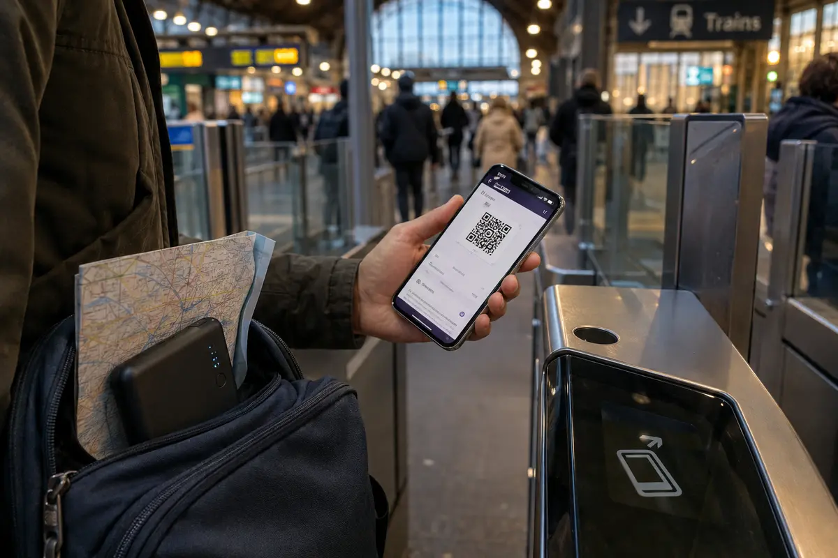Un voyageur présente son billet sur son téléphone à l’entrée de la gare avec sa batterie externe encore rangée