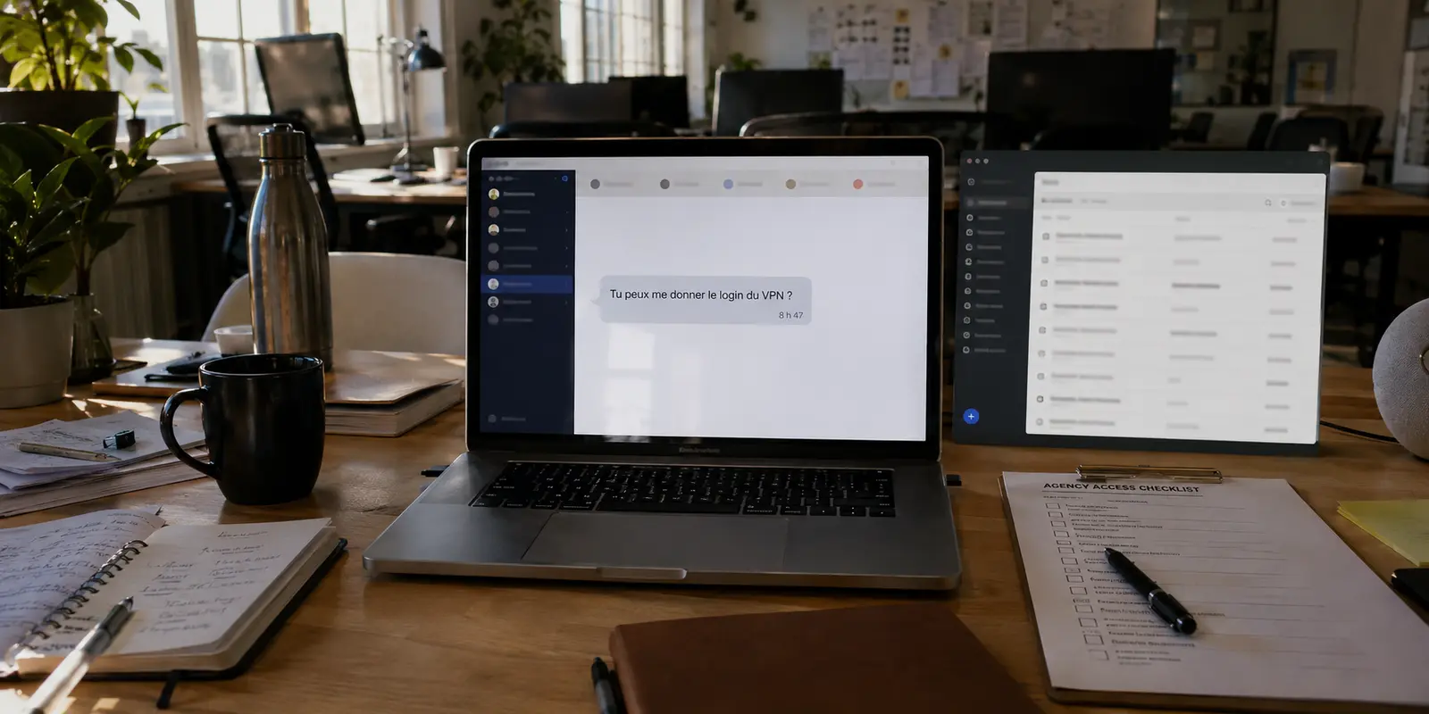 À 8 h 47, une graphiste demande le login du VPN tandis qu’un gestionnaire de mots de passe reste ouvert sur le bureau de l’agence