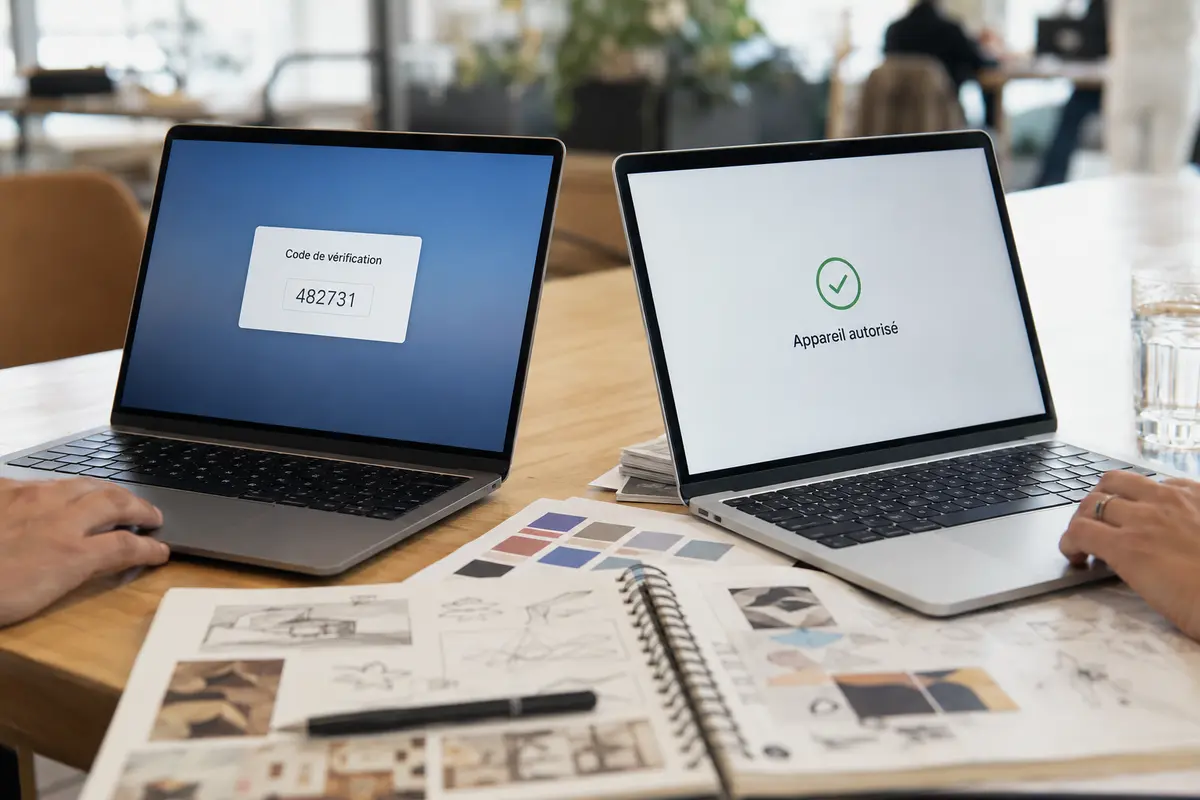 Deux ordinateurs relient un nouvel appareil au VPN avec un code de vérification ponctuel, sans afficher de mot de passe