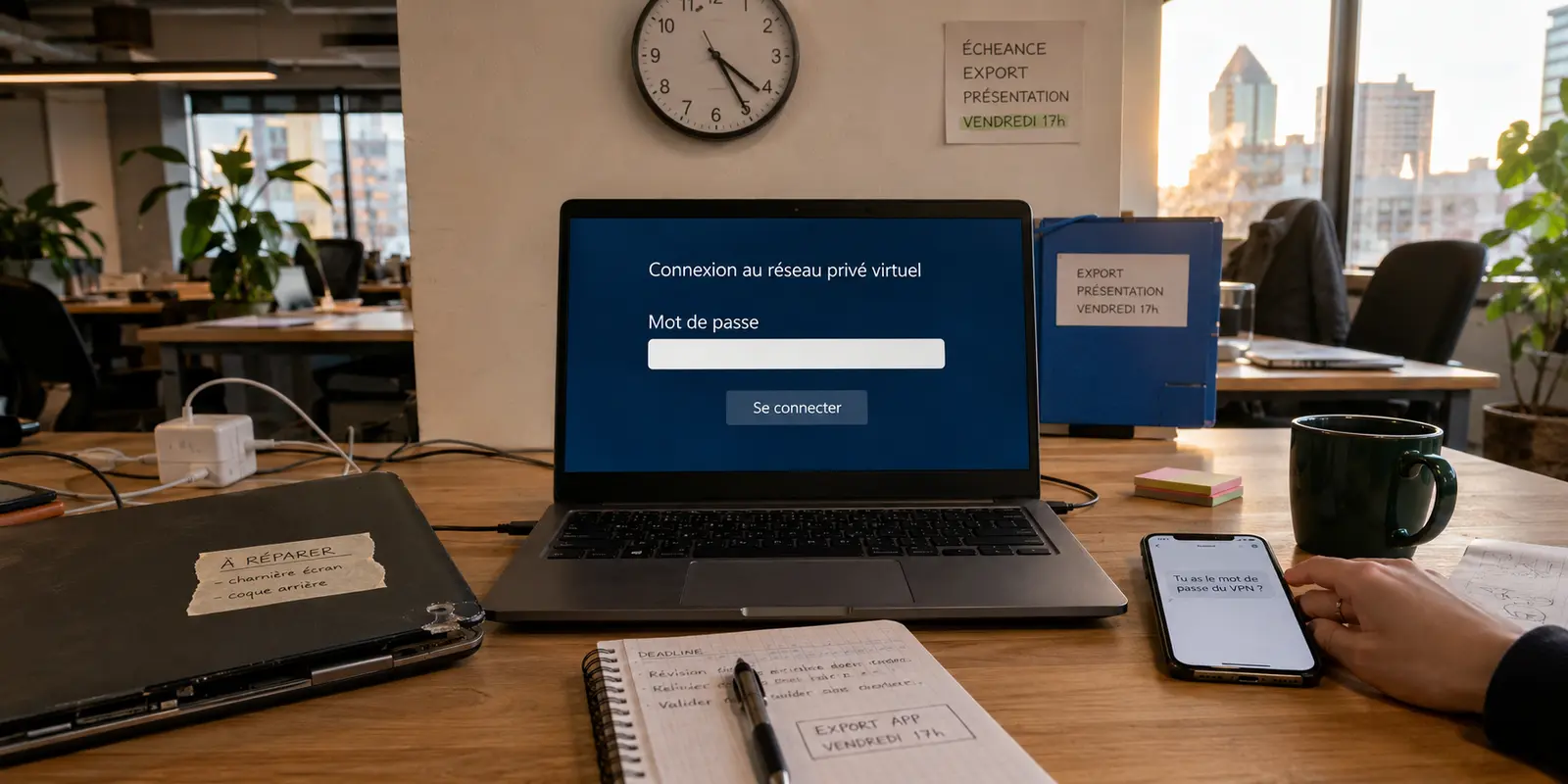 Dans un espace de coworking à Montréal, un ordinateur de remplacement réclame le mot de passe du VPN avant une livraison urgente.