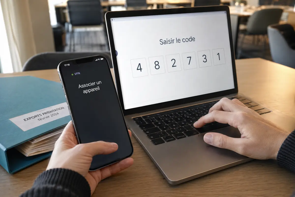 Un téléphone déjà connecté sert à saisir un code d’association sur un nouvel ordinateur portable.