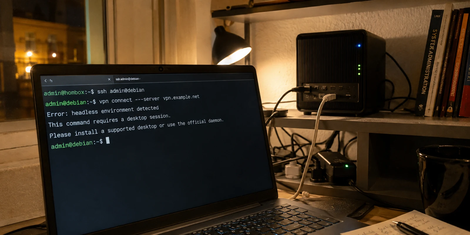 Terminal SSH affichant l’échec d’un client VPN sur un serveur Debian sans interface graphique