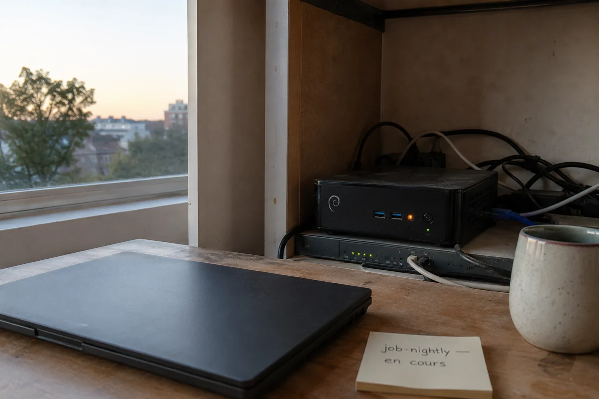 Serveur Debian toujours actif au matin devant un ordinateur portable refermé