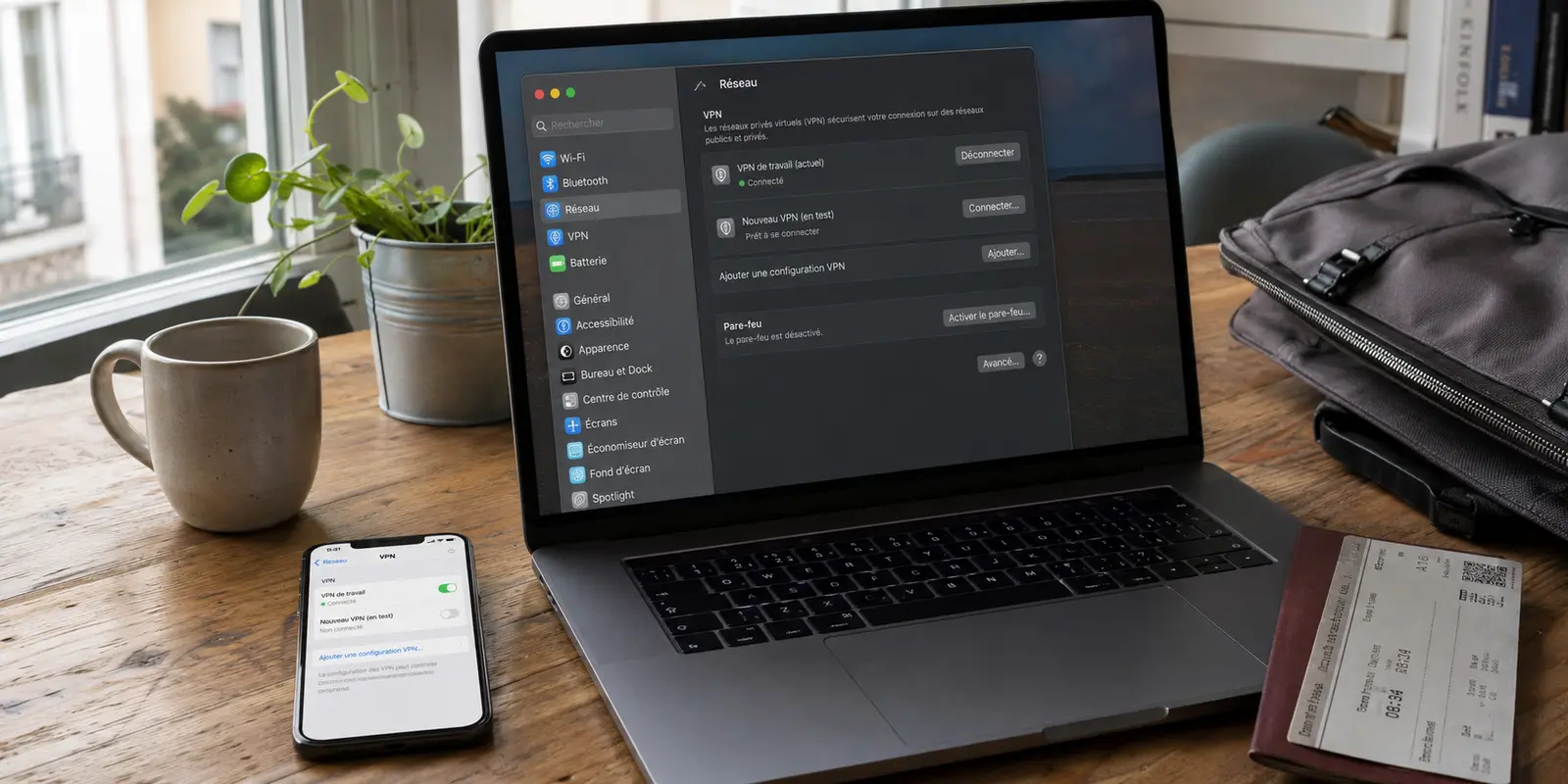 Un ordinateur et un téléphone conservent deux configurations VPN pendant une transition avant un voyage en train