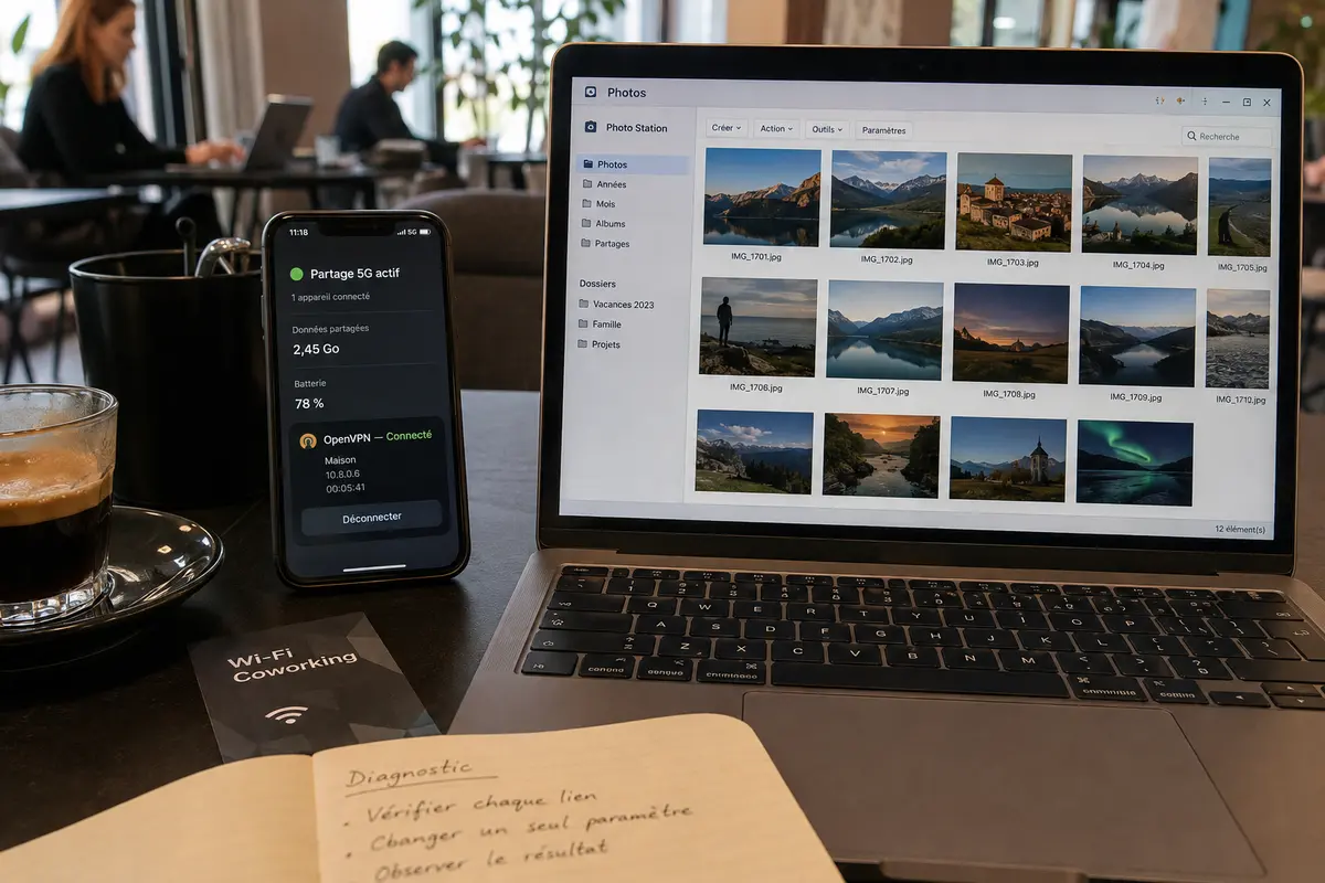 Le partage 5G du téléphone permet au portable de se connecter au VPN domestique et d’ouvrir le dossier de photos du NAS.