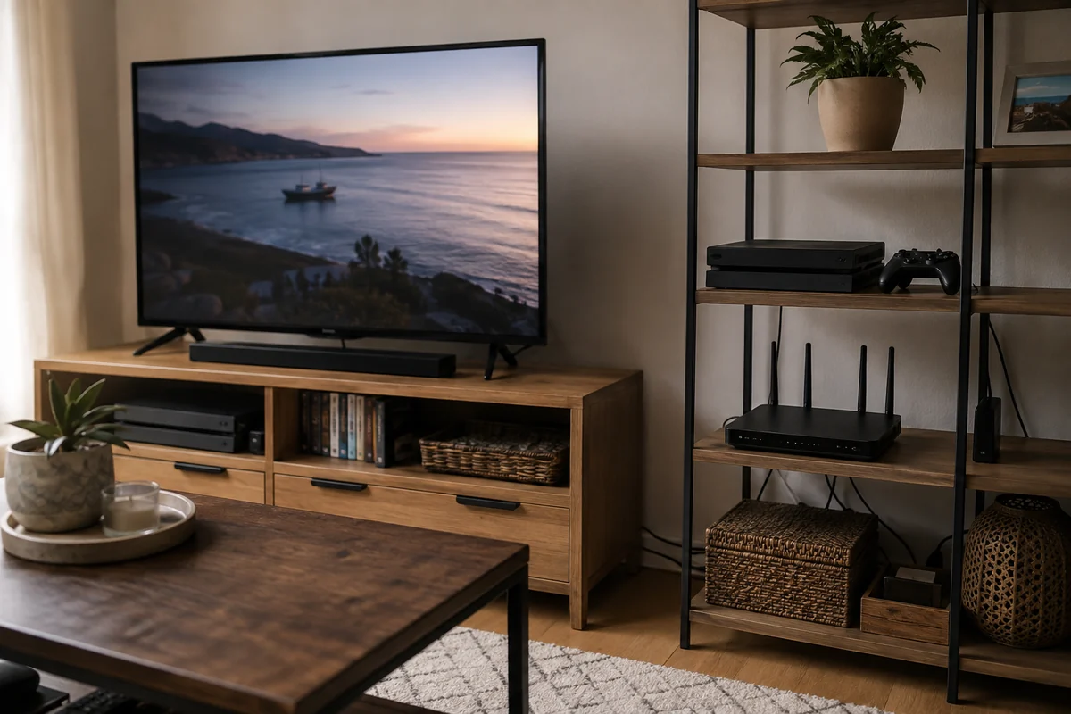 Télévision, console et routeur installés comme appareils fixes dans le salon