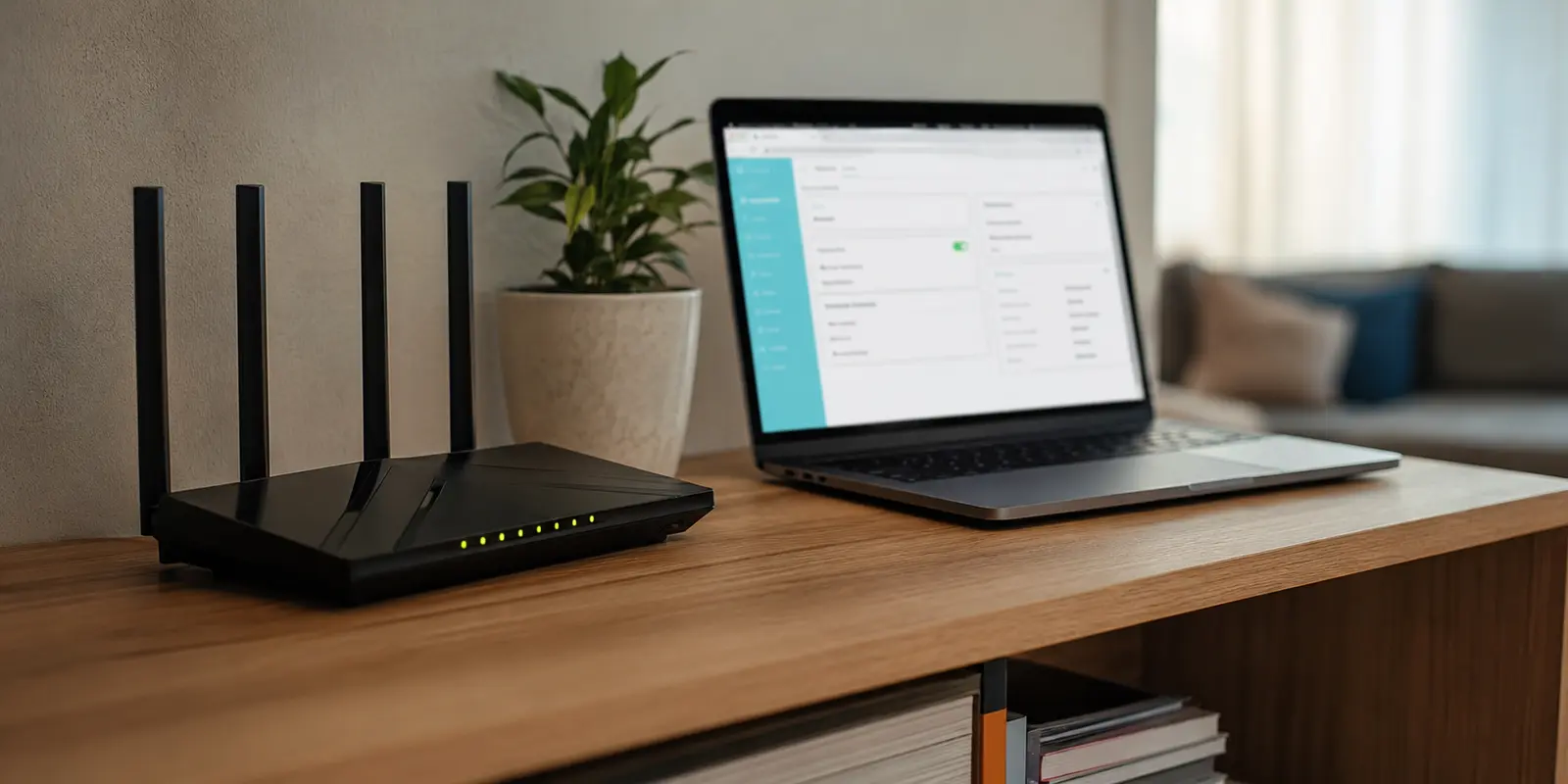 Un router TP-Link y un portátil comparten estante, pero el tráfico no necesariamente sigue la misma ruta.