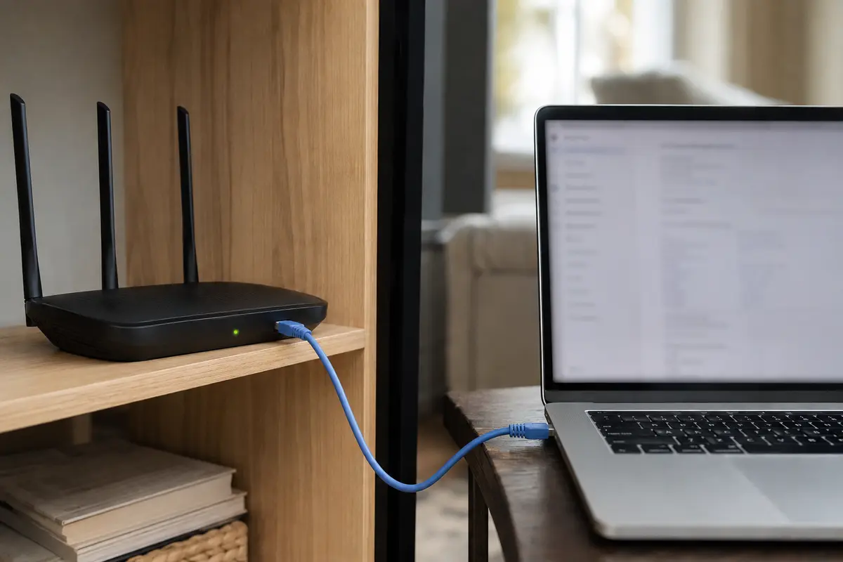 Un router TP-Link y un portátil comparten estante, pero el tráfico no necesariamente sigue la misma ruta.