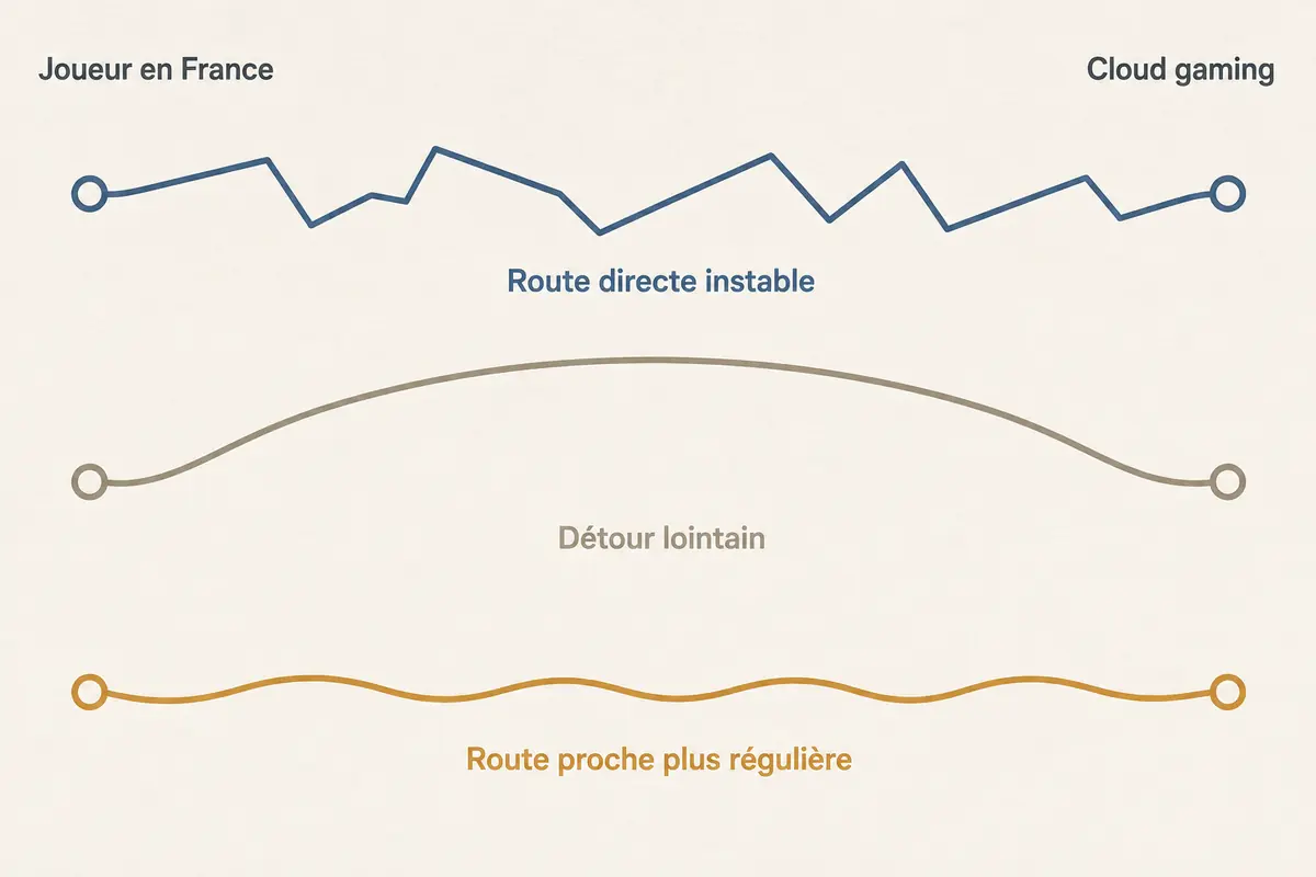Comparaison entre une route directe instable, un détour lointain et une route proche plus régulière vers le cloud gaming