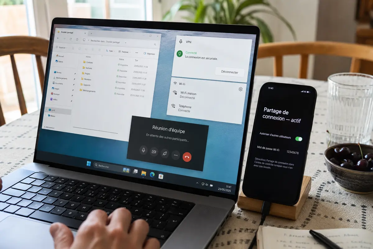 Le portable passe du Wi-Fi domestique au partage de connexion tout en gardant le VPN actif