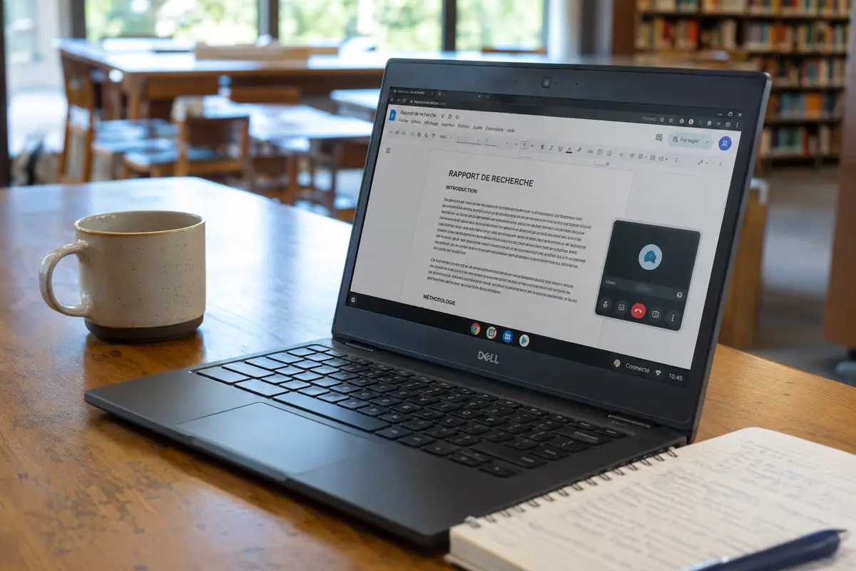 Un Chromebook sert à écrire et rejoindre une réunion tandis que la connexion reste discrètement active dans la barre système
