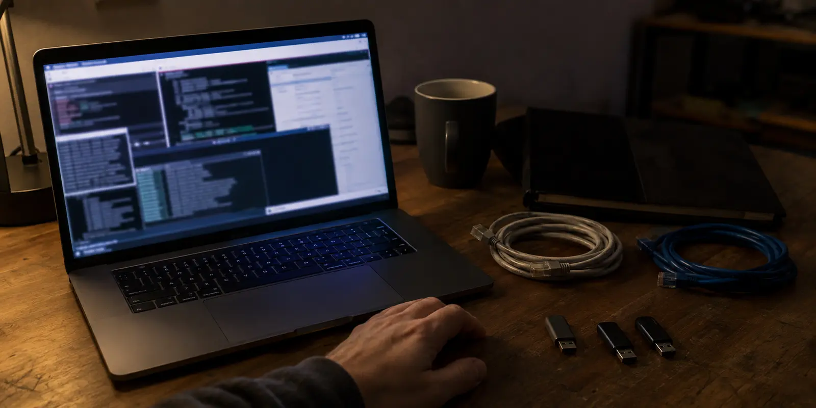 Portable Linux entouré de câbles et de clés USB pendant une configuration réseau devenue trop complexe